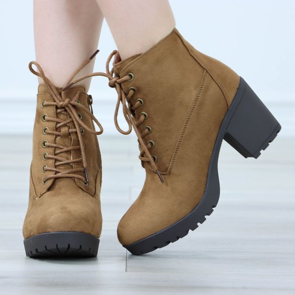Tan Ankle Boots Chunky Block Lug High Heel Booties Lace-Up - Picture 9 of 12